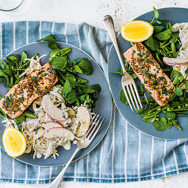 Roast salmon with celeriac and apple slaw