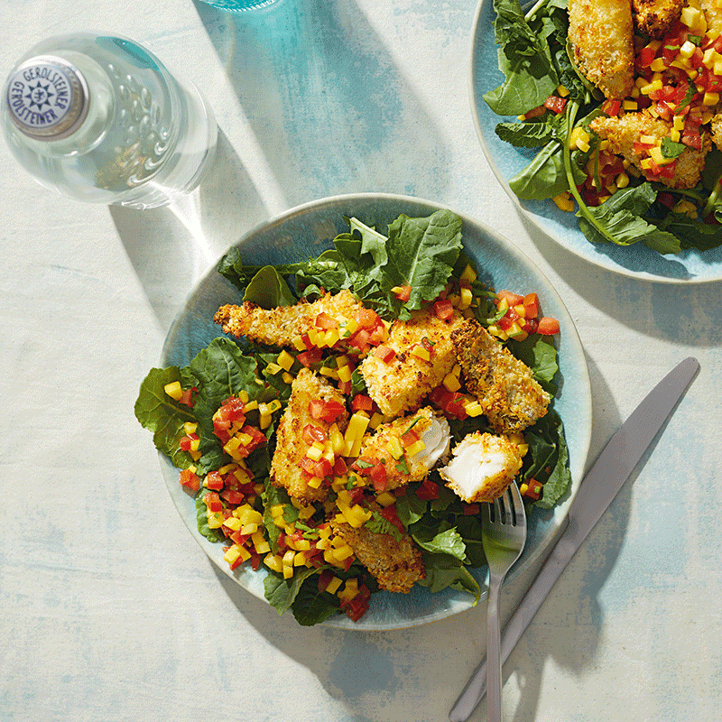 Crispy oven-baked fish with lime mango salsa