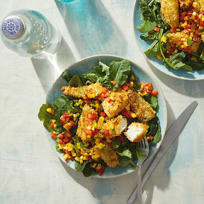 Crispy oven-baked fish with lime mango salsa