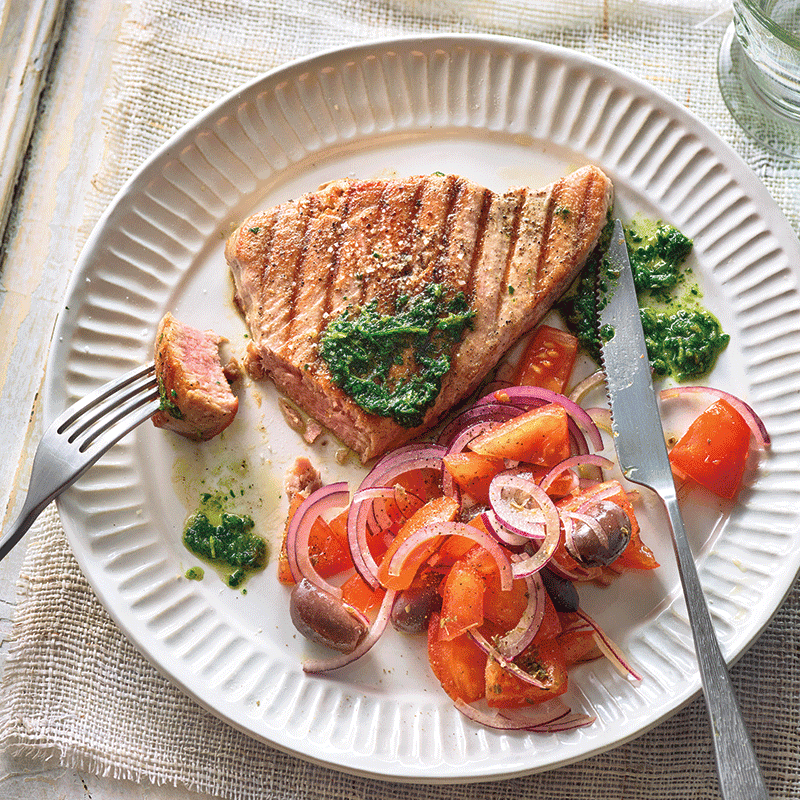 Grilled tuna with salsa verde and tomato salad