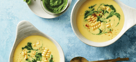 Corn soup with spicy coriander drizzle