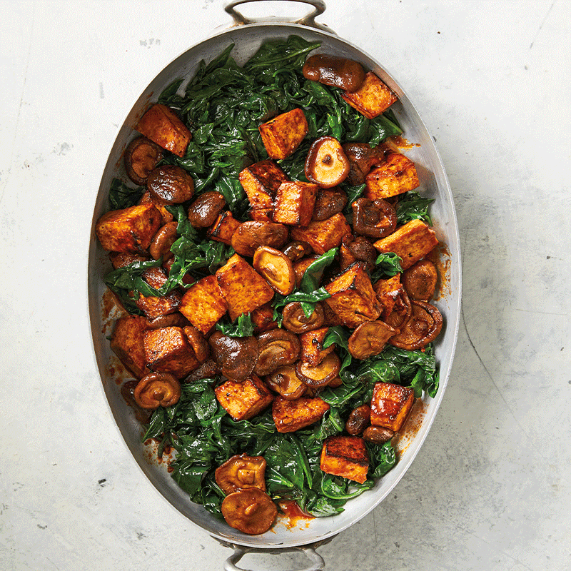 Gochujang tofu and mushrooms with spinach