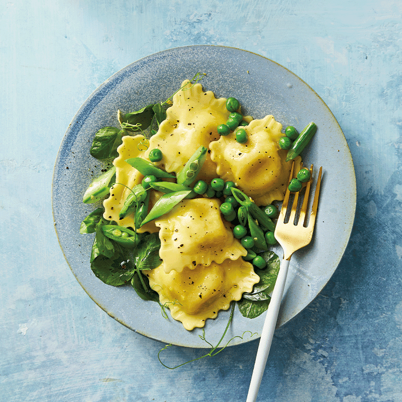 One-pot pea ravioli