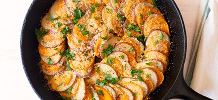 Skillet Grilled Two-Potato Gratin