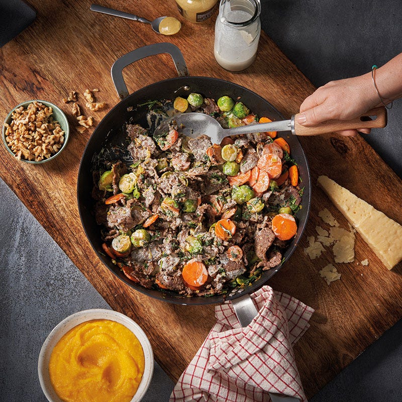 Rindergeschnetzeltes mit Kohl und Kürbispüree