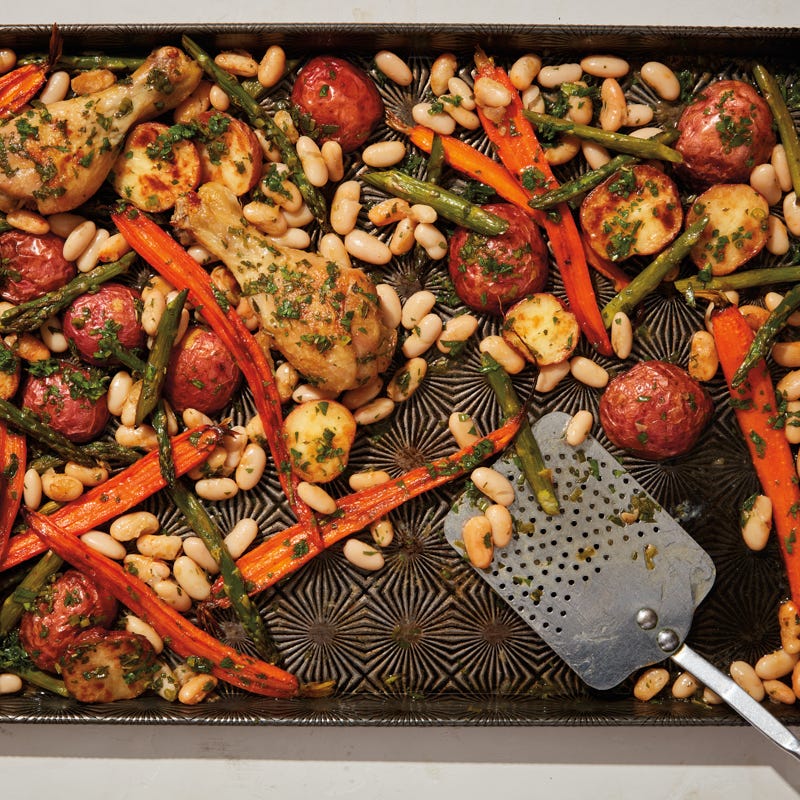 Sheet-pan beans & chicken with herb vinaigrette