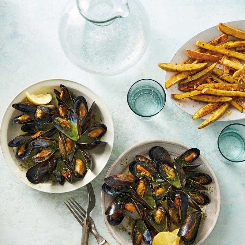Photo of Mussels with pesto broth & lemony oven fries by WW