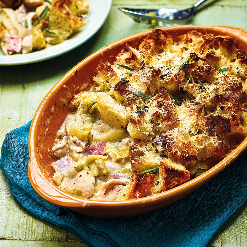 Gratin de poireau, dinde et pain