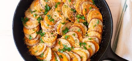 Skillet grilled two-potato gratin