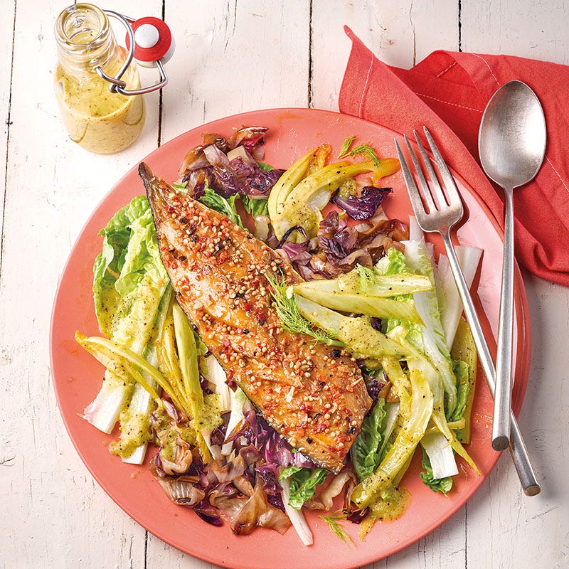 Lauwarmer Salat mit Makrele & Kiwidressing