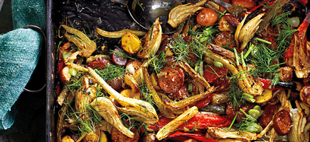 One-Pan Roasted Fennel with Potato, Peppers, and Chicken Chorizo