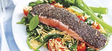 Chia-Crusted Salmon with Spinach Rice