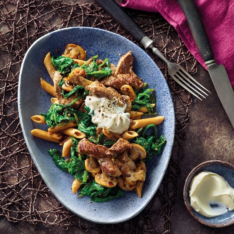 Pilz-Spinat-Pasta mit Rinderfilet