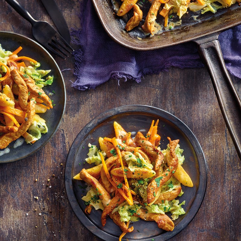 Schupfnudelpfanne mit Schnitzelstreifen