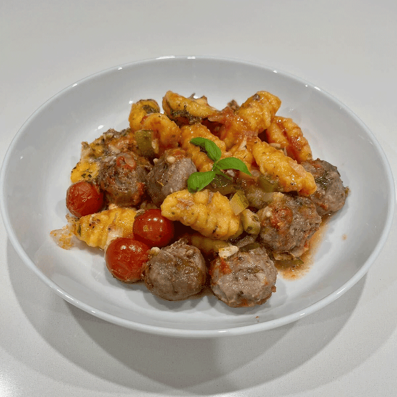 Gnocchi and meatball traybake