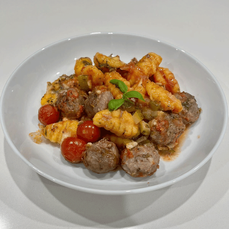 Gnocchi and meatball traybake