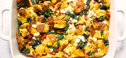Spinach, Red Pepper & Goat Cheese Challah Strata