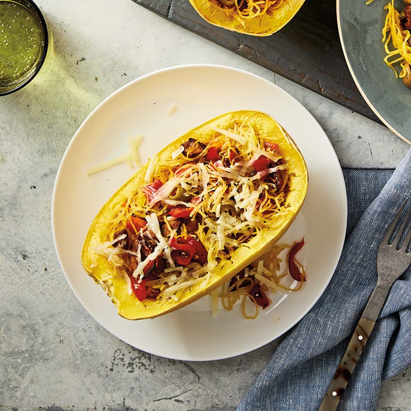 Spaghetti squash with chorizo and olives