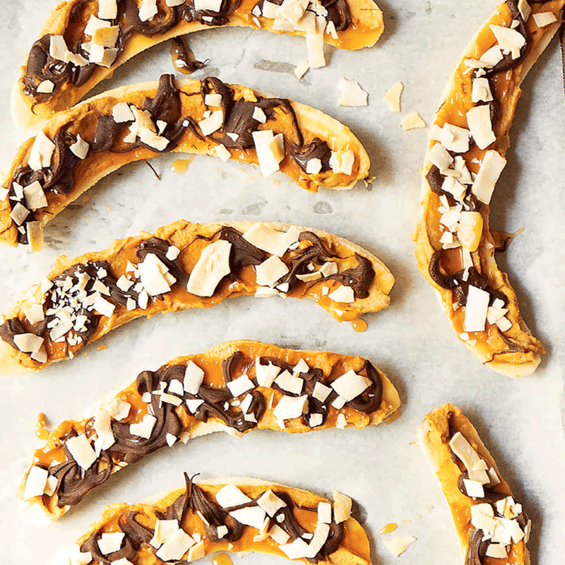 Frozen PB caramel choc bananas