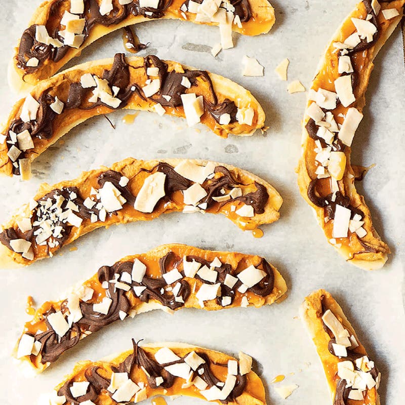 Frozen PB caramel choc bananas