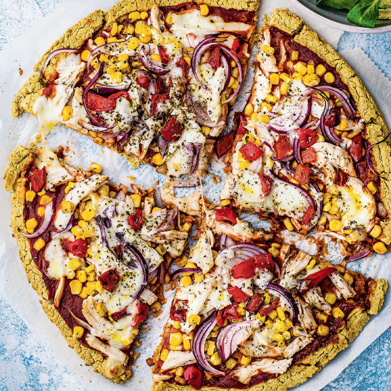 BBQ chicken chickpea pizza