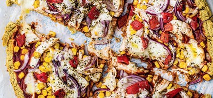 BBQ chicken chickpea pizza