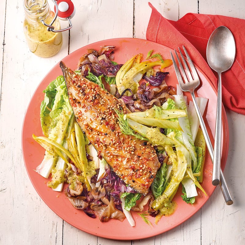 Salade tiède de maquereaux et vinaigrette au kiwi