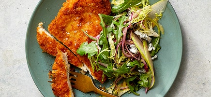 Air-Fried Chicken Cutlets with Pear and Blue Cheese Salad