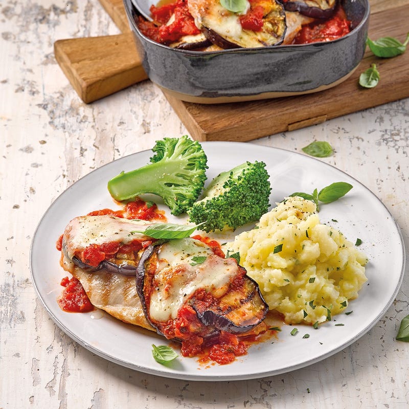 Poulet à la mozzarella, purée de céleri et brocoli