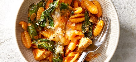 Baked Curried Pasta with Chicken, Spinach & Mushrooms