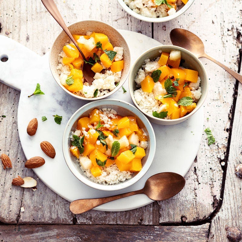 Minestrone de pêches au granité d'amande