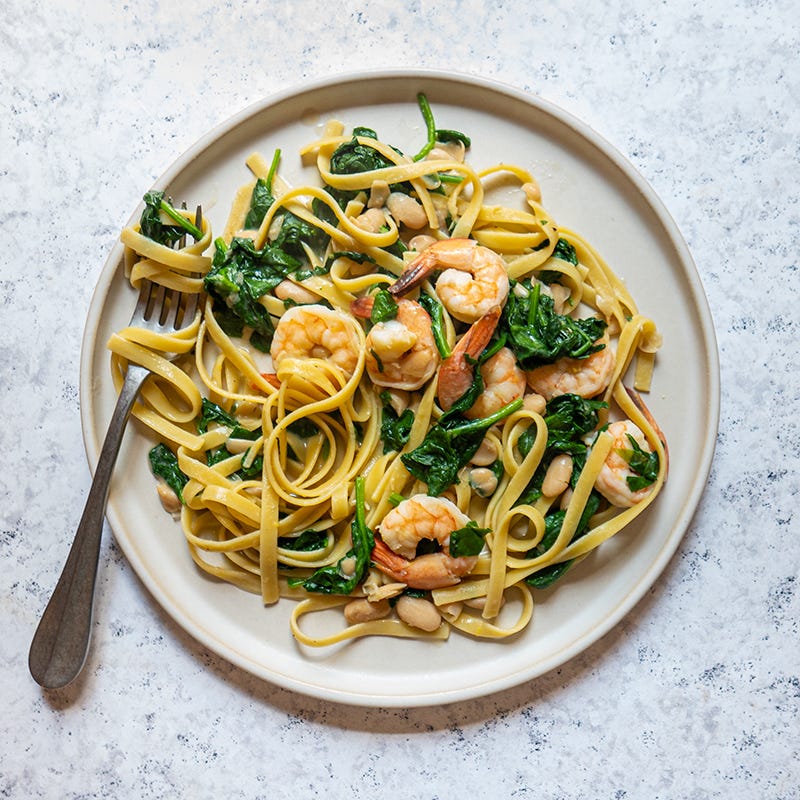 Photo of One-Pot Lemony Shrimp, White Bean & Spinach Pasta by WW