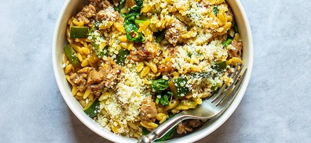 Five-Ingredient Orzo with Sausage, Zucchini & Baby Kale