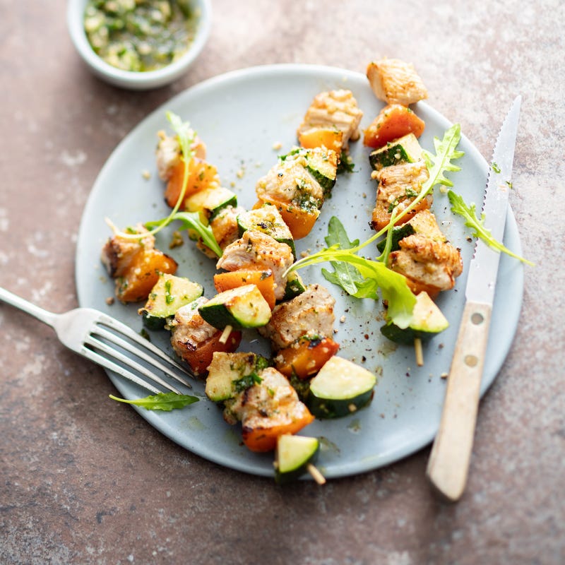 Foto van Kalkoenspiesjes met pesto, courgette en abrikozen door WW