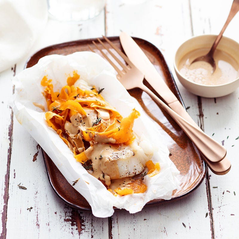 Papillotte de colin à la chicorée et patate douce