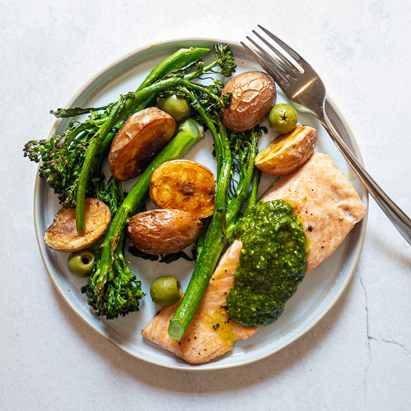Photo of Sheet pan salmon, baby broccoli, and potatoes with pesto by WW