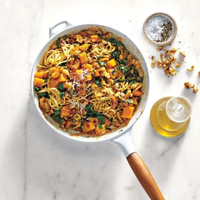 Spaghettis au butternut, haricots blancs et chou kale