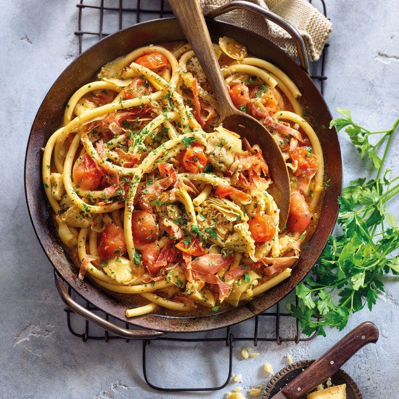 Bucatini all’Amatriciana mit Artischocken