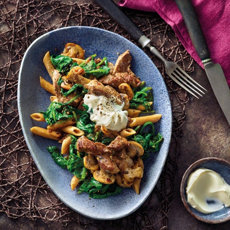 Pilz-Spinat-Pasta mit Rinderfilet