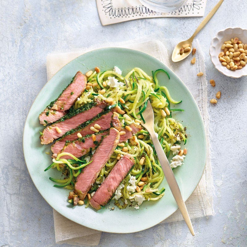 Rindersteaktranchen auf Zucchininudeln