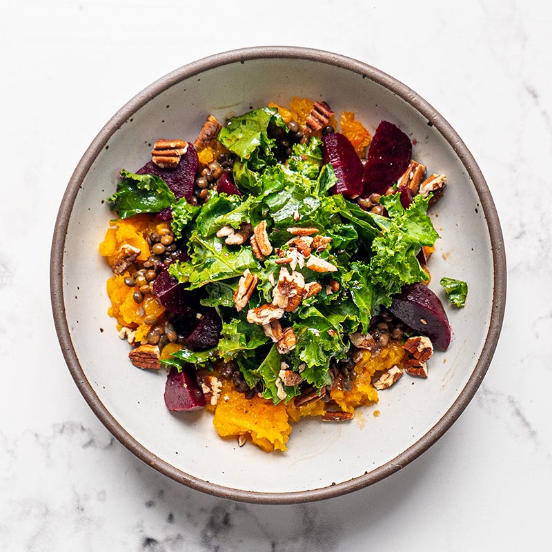 Photo of Mashed winter squash bowl with beets, lentils, kale & pecans by WW