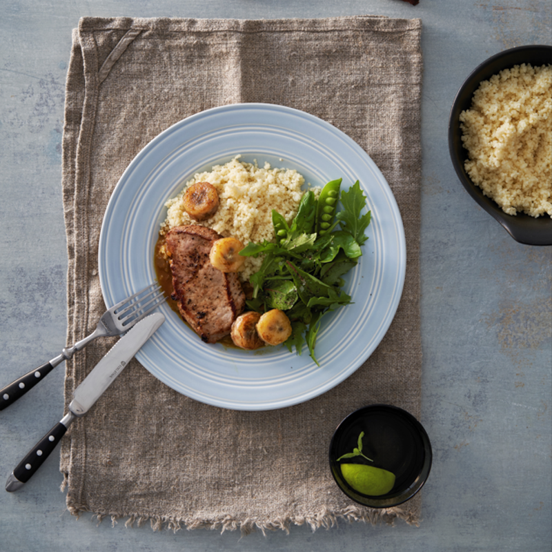 Escalope de porc à la banane et sauce mangue-curry