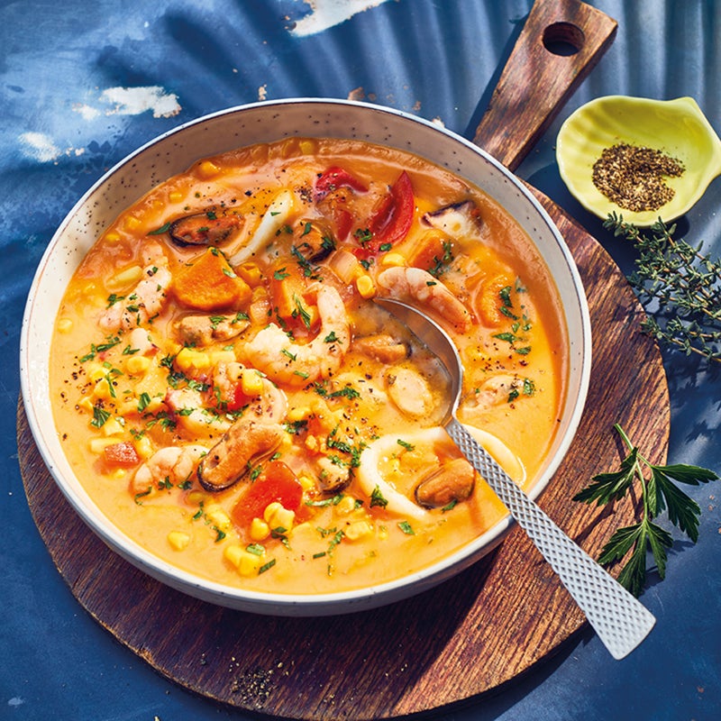 Süsskartoffel-Seafood-Chowder