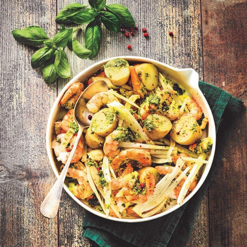 Crevettes marinées au pesto de roquette