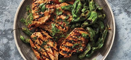 Grilled chicken with shishito peppers