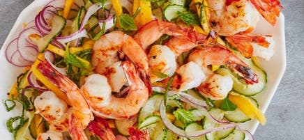 Asian mango-cucumber salad with grilled shrimp