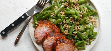 Spice-rubbed pork tenderloin with cilantro-lime veggie rice
