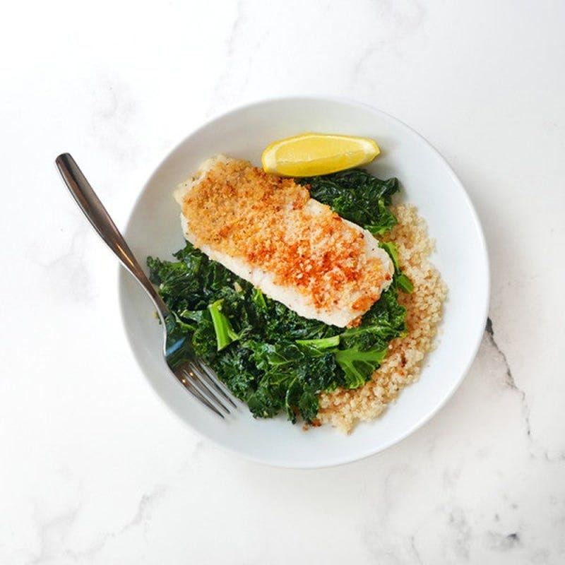 Photo of Panko-coated cod with garlicky greens & quinoa by WW