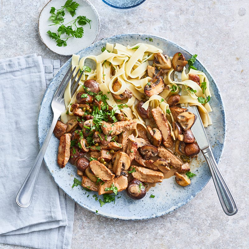 ViktVäktarna - Pasta med fläskkotlett och svamp i grönpepparsås