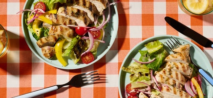 Pickle-brined chicken with grilled summer Caesar salad